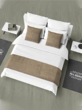 Çift Kişilik  Yatak Runner ve Kırlent Kılıfı Seti Vizon thumbnail 2