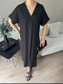 Kadın Keten Elbise Siyah thumbnail 4