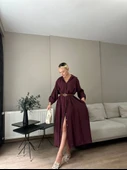 Kadın Kemer Detaylı Gömlek Elbise Bordo thumbnail 1