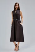 Acı Kahve Regular C Yaka Kemerli Pamuklu Poplin Elbise - 10