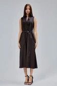 Acı Kahve Regular C Yaka Kemerli Pamuklu Poplin Elbise - 8