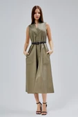 Haki Regular C Yaka Kemerli Pamuklu Poplin Elbise - 10