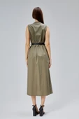 Haki Regular C Yaka Kemerli Pamuklu Poplin Elbise - 13