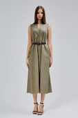 Haki Regular C Yaka Kemerli Pamuklu Poplin Elbise - 7