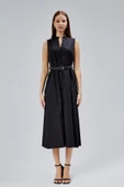 Siyah Regular C Yaka Kemerli Pamuklu Poplin Elbise - 3