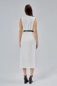Ekru Regular C Yaka Kemerli Pamuklu Poplin Elbise - 3