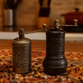 LUDIA Osmanlı Arması Motifli Baharat Değirmeni Kalay Renk 2 li Set Top Küpe Hediyeli! - 1