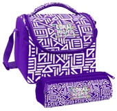 Coral High Kız Çocuk Mor Beyaz Geometrik Şekiller Thermo Beslenme Çantası ve Üç Bölmeli Kalem Çantası Seti thumbnail 1