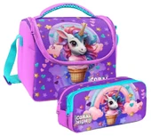 Coral High Kız Çocuk Mor Pembe Dondurma Unicorn Thermo Beslenme Çantası ve İki Bölmeli Kalemlik Seti thumbnail 1
