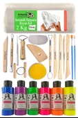 Beyaz Seramik Hamuru 2 Kg Seramik Başlangıç Seti Ebeşuar Modelleme Monalisa 6 Renk Neon Akrilik Boya Fırça 70ml Heykel - 1