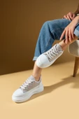 Pembe Potin Kalın Taban Renkli Bağcıklı Hafif Taban Kadın Sneakers 89-049-25Byaz - 4