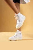 Pembe Potin Bağcıklı Kalın Taban Bilekte Keten Kadın Sneaker 57-103-23Fhn - 2