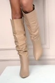 Pembe Potin Kadeh Topuk Büzgülü Moda Diz Altı Kadın Çizme 012-4001-22Cilt - 8