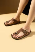 Pembe Potin Parmak Arası Gold Tokalı Rahat Taban Kadın Terlik 011-710-25Nubuk thumbnail 3