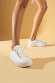 Pembe Potin Bağcıklı Kalın Taban Keten Kadın Sneaker 57-101-23 - 2