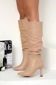 Pembe Potin Kadeh Topuk Büzgülü Moda Diz Altı Kadın Çizme 012-4001-22Cilt - 5