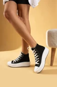 Pembe Potin Bağcıklı Kalın Taban Bilekte Keten Kadın Sneaker 57-103-23Fhn - 1