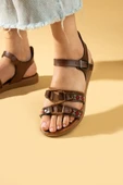 Pembe Potin Etnik Desenli İnce Bantlı Tokalı Rahat Taban Kadın Sandalet 51-330-24 thumbnail 9