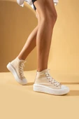 Pembe Potin Bağcıklı Kalın Taban Bilekte Keten Kadın Sneaker 57-103-23Fhn - 9