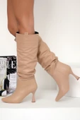 Pembe Potin Kadeh Topuk Büzgülü Moda Diz Altı Kadın Çizme 012-4001-22Cilt - 3