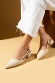 Pembe Potin Sivri Burun Saten Kumaş Slingback Kadın Topuklu Ayakkabı 87-151-25Saten - 1