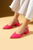 Pembe Potin Sivri Burun Saten Kumaş Slingback Kadın Topuklu Ayakkabı 87-151-25Saten - 6