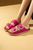 Pembe Potin Hasır Taban Taşlı Çift Tokalı Comfort Taban Kadın Terlik 001-2301-24Süet thumbnail 7