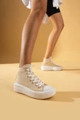Pembe Potin Bağcıklı Kalın Taban Bilekte Keten Kadın Sneaker 57-103-23Fhn - 3