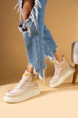 Pembe Potin Fosforlu Kumaş Detaylı Yüksek Taban Cırtlı Sneaker Kadın Bot 36-530-24 - 1
