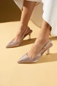 Pembe Potin Kroko Desenli Sivri Burun Arkası Açık Slingback Kadın Topuklu Ayakkabı 71-633-25Baskı - 2