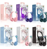 P47M Sevimli Renkli Kedi Kulak Üstü Bluetooth Kulaklık Açık Mavi thumbnail 4