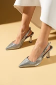 Pembe Potin Kroko Desenli Sivri Burun Arkası Açık Slingback Kadın Topuklu Ayakkabı 71-633-25Baskı - 1