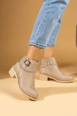 Pembe Potin Zincir Ve Toka Detaylı Fermuarlı Kadın Bot 57-0404-24Süet thumbnail 6