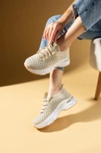 Pembe Potin Parlak Taş Detaylı Bağcıklı Triko Rahat Taban Kadın Sneakers 36-872-25 - 6