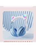 P47M Sevimli Renkli Kedi Kulak Üstü Bluetooth Kulaklık Açık Mavi thumbnail 2