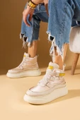 Pembe Potin Fosforlu Kumaş Detaylı Yüksek Taban Cırtlı Sneaker Kadın Bot 36-530-24 - 5