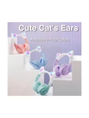 P47M Sevimli Renkli Kedi Kulak Üstü Bluetooth Kulaklık Beyaz thumbnail 3