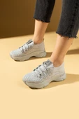 Pembe Potin Parlak Taş Detaylı Bağcıklı Triko Rahat Taban Kadın Sneakers 36-872-25 - 4