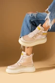 Pembe Potin Fosforlu Kumaş Detaylı Yüksek Taban Cırtlı Sneaker Kadın Bot 36-530-24 - 9