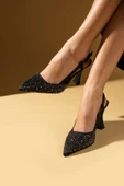Pembe Potin Su Damlası Taşlı Sivri Burun Arkası Açık Slingback Kadın Topuklu Ayakkabı 71-628-25 - 5