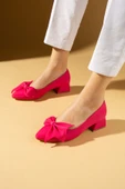 Pembe Potin Fiyonklu Kalın Kısa Topuklu Sivri Burun Kadın Ayakkabı 018-638-25Saten thumbnail 5