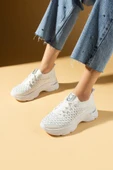 Pembe Potin Parlak Taş Detaylı Bağcıklı Triko Rahat Taban Kadın Sneakers 36-872-25 - 2
