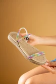 Pembe Potin Parlak Taşlı İnce Bantlı Hasır Taban Comfort Kadın Sandalet 020-758-24Renkli - 2