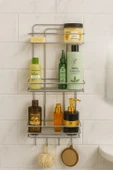 Paslanmaz Krom Yapışkanlı Banyo Duş Rafı Şampuanlık 3 Katlı, 4 Kancalı, Dayanıklı, Şık Düzenleyici - 1