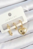 Pirinç Zirkon Taşlı Kalp Model Gold Renk 3'lü Çift Kadın Küpe Set - 1