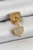 316L Çelik Sallantılı Zirkon Taşlı Kalp Model Gold Renk Nomination Charm - 1