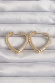 Pirinç Gold Renk Zirkon Taşlı Motifli Kalp Küpe - 1