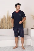 Erkek V Yaka Düğmesiz Ekose Desen Kısa Kol Cepli Şortlu %100 Pamuk Pijama Takımı - 6