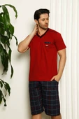 Erkek V Yaka Düğmesiz Ekose Desen Kısa Kol Cepli Şortlu %100 Pamuk Pijama Takımı - 3