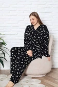 Kadın Papatya Desenli V Yaka 3 Düğmeli Viskon Büyük Beden Mevsimlik Uzun Kol Pijama Takımı - 3